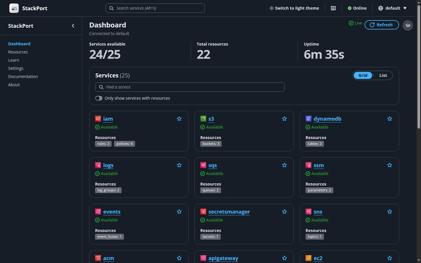 StackPort dashboard in dark mode showing S3, SQS and DynamoDB resources running on localaws